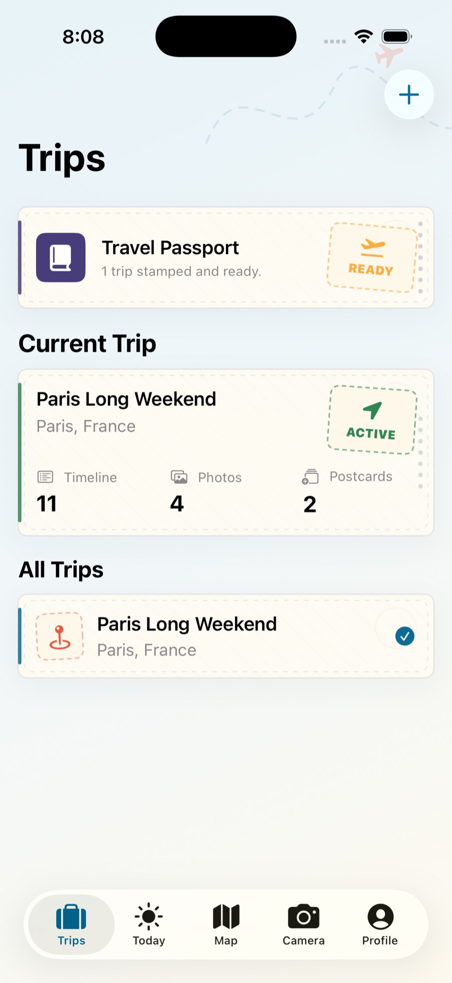 Travel Companion iOS app showing a Paris trip dashboard